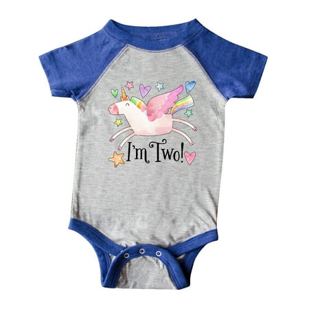 

Inktastic I m 2 Cute Rainbow Unicorn with Stars and Hearts Gift Baby Boy or Baby Girl Bodysuit