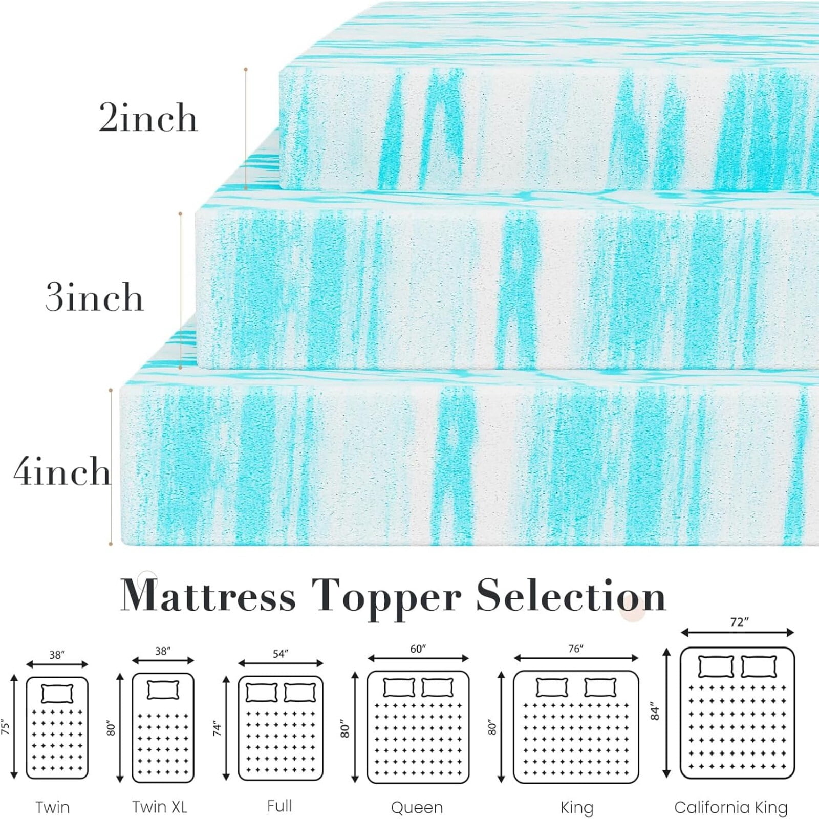 Kelno TwinXL Size Mattress Topper 3IN Cooling Gel Memory Foam Ventilated Breathable Bed Topper for Pressure Relief, Swirl Blue