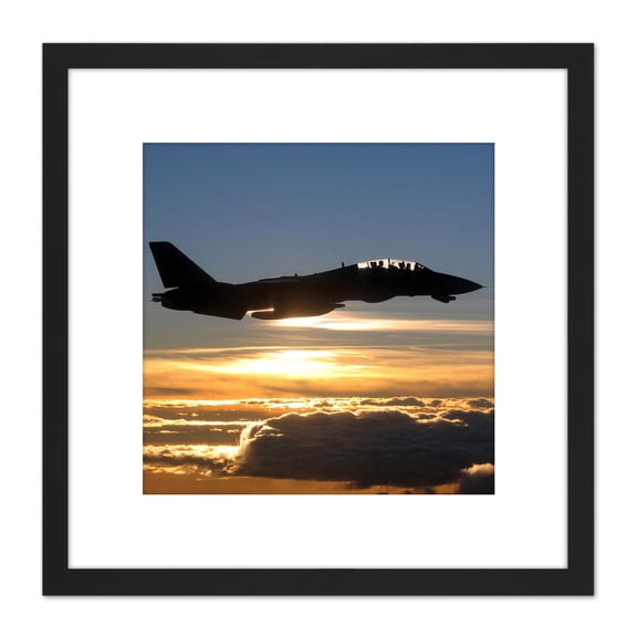US Navy F14D Tomcat Fighter Jet Silhouette 8X8 Inch Square Wooden Framed Wall Art Print Picture with Mount
