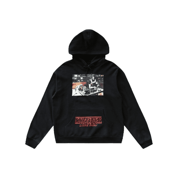 Stranger Things Hawkins A.V. Club Adult Black Long Sleeve Hooded Sweatshirt-Medium