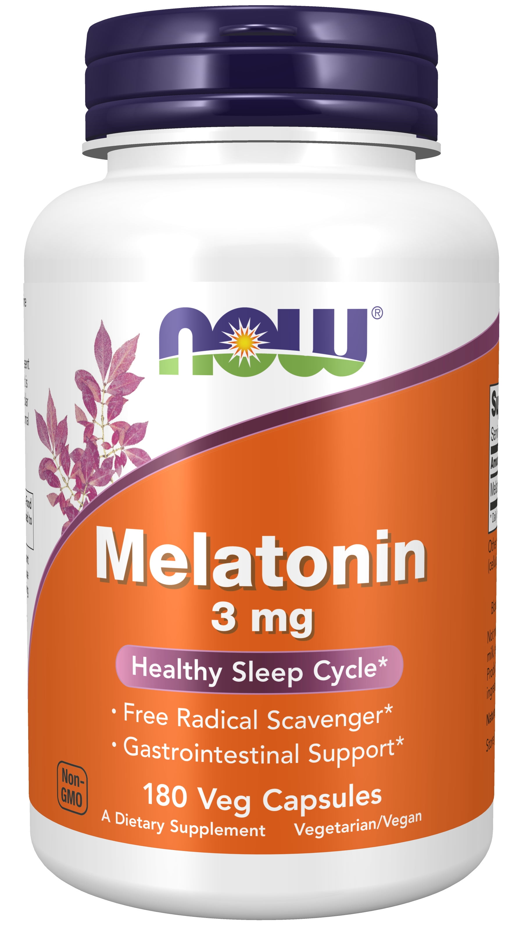 NOW Supplements, Melatonin 3 mg, Free Radical Scavenger*, Healthy Sleep Cycle*, 180 Veg Capsules