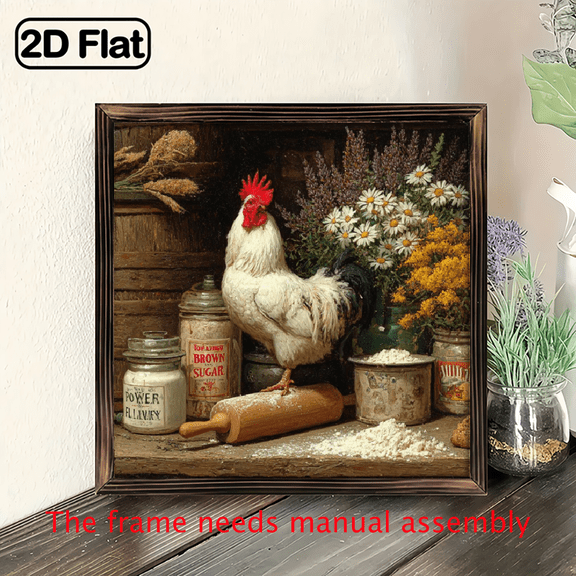 Farmhouse Chicken Rooster Framed Woo Wall Art - 8x8 Inch Rustic Wood Frame Country, Vintage Rooster Egg Motif for Bedroom,, Farmhouse Decor - Horizontal Wood Panel Hanging Picture, 2D Flat