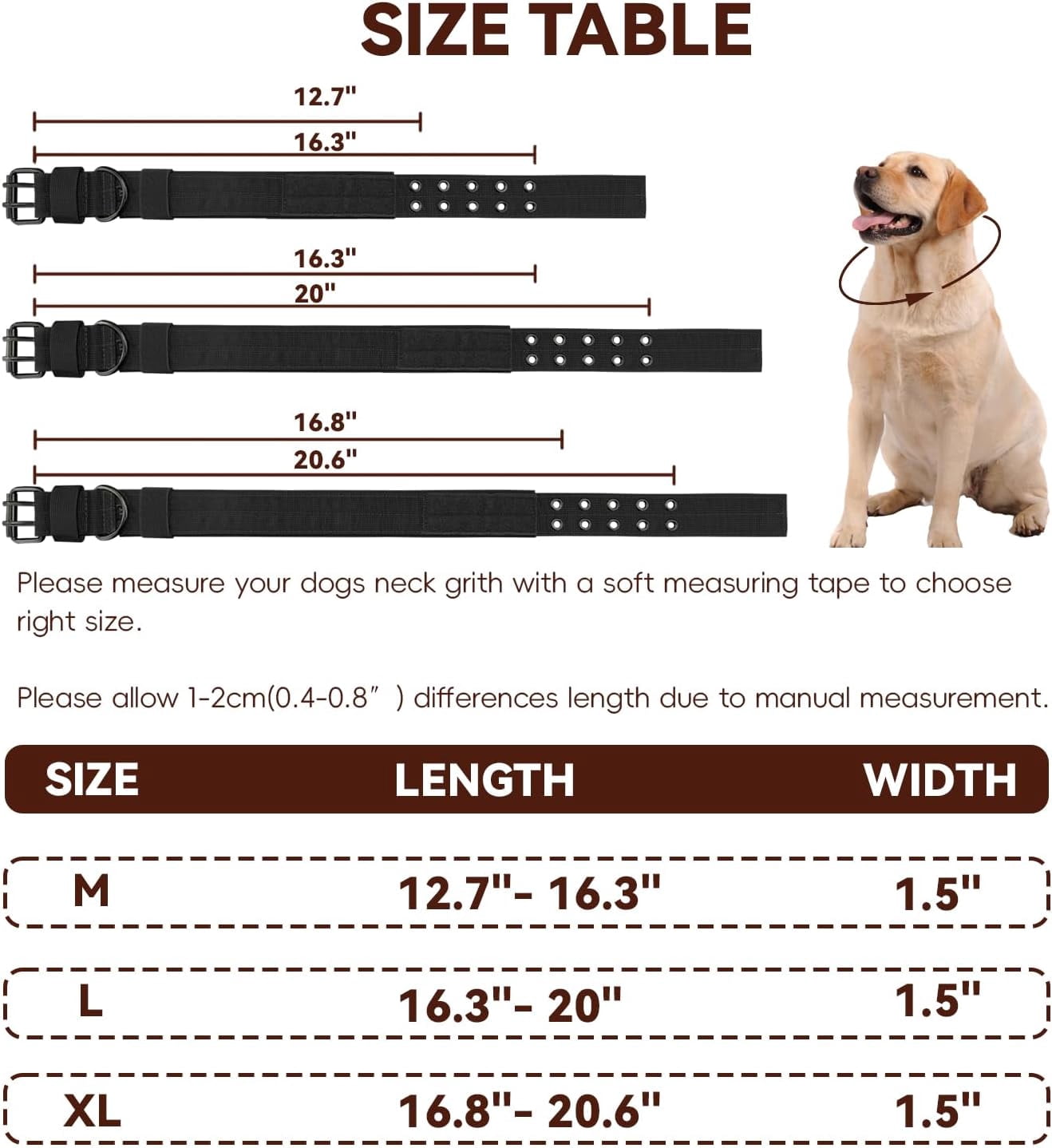 Heavy Duty Dog Collar for Large Dogs, 2 PCS Tactical Dog Collars with Metal Buckle & D Ring, 1.5" Width Thick Adjustable Nylon Collar for Medium Dogs, Black/XL