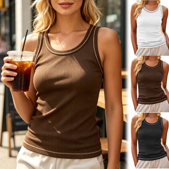 Women's Slim Fit Crew Neck Sleeveless Solid Color Tank Top Comfy Breathable Cute Daily Wear Casual Weekend Outfits | CSEONE,Coffee L