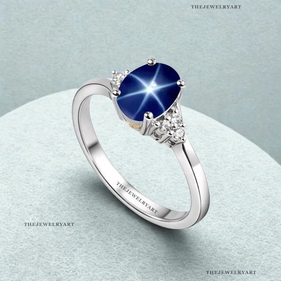 thejewelryart Natural Blue Star Sapphire Promise Ring Sterling Silver with CZ Diamond Accents Fine Jewelry Ring for Engagement Silver 3
