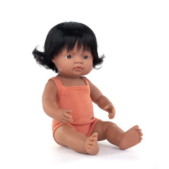 Miniland Doll 15'' Colourful Edition Hispanic Girl with Salmon Rompers (Box). Vanilla scented quality material made in Spain. Anatomically correct