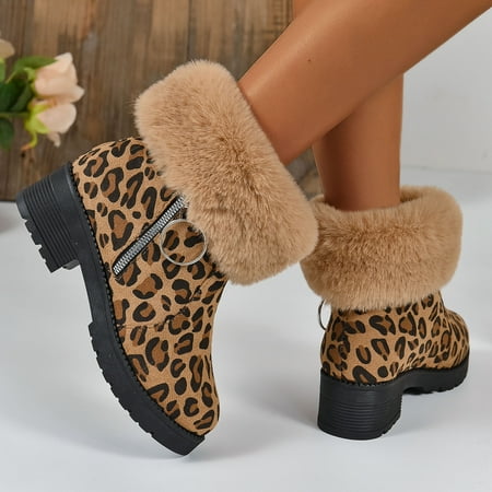 

XDDST Boots for Women Ankle-High Medium Heel Ladies Fashion Winter Leopard Pattern Suede Side Zipper Plush Thick Heel Short Snowy Boots Brown