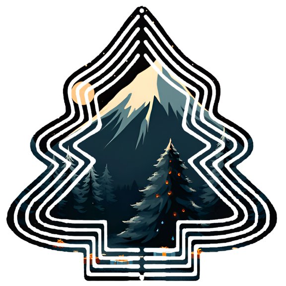 Stylized Metal Hanging Christmas Tree Wind Spinner - Orange Lights & Mountain Design for Garden Decor Unique Yard Ornament
