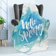 thumbnail image 4 of Hello Soft Flannel Fleece Throw Blanket, Hello Spring Printed in White Hand Lettering Design on Watercolor Pastel Blue, Cozy Plush for Indoor and Outdoor Use, 50" x 60", Pale Blue White, by Ambesonne, 4 of 5