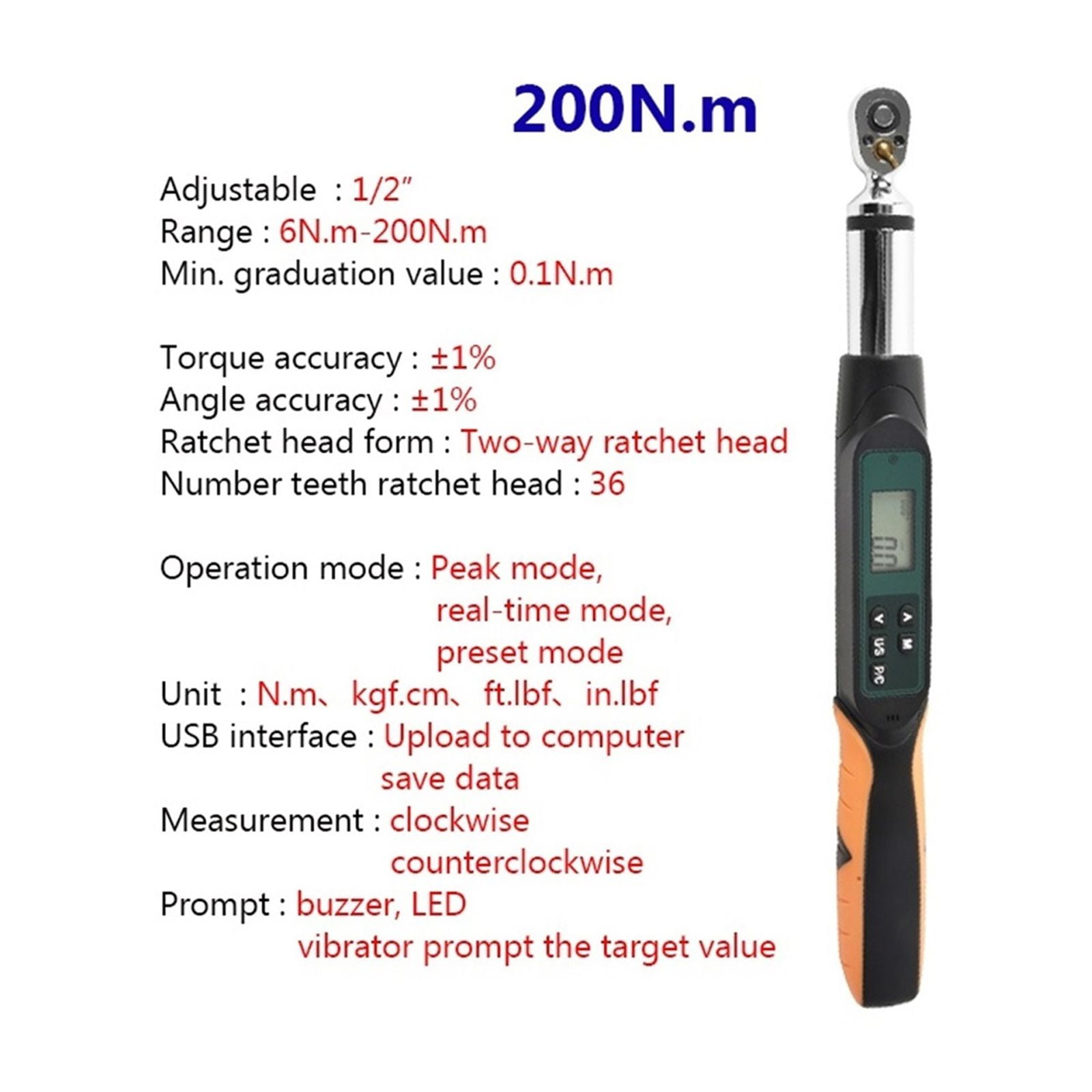 2-in-1 Digital Angled Torque Wrench 1% Accuracy Mini Size Adjustable Torque Wrench Torque Wrench Tools For Bike Car Repairment ,Precision & Robust