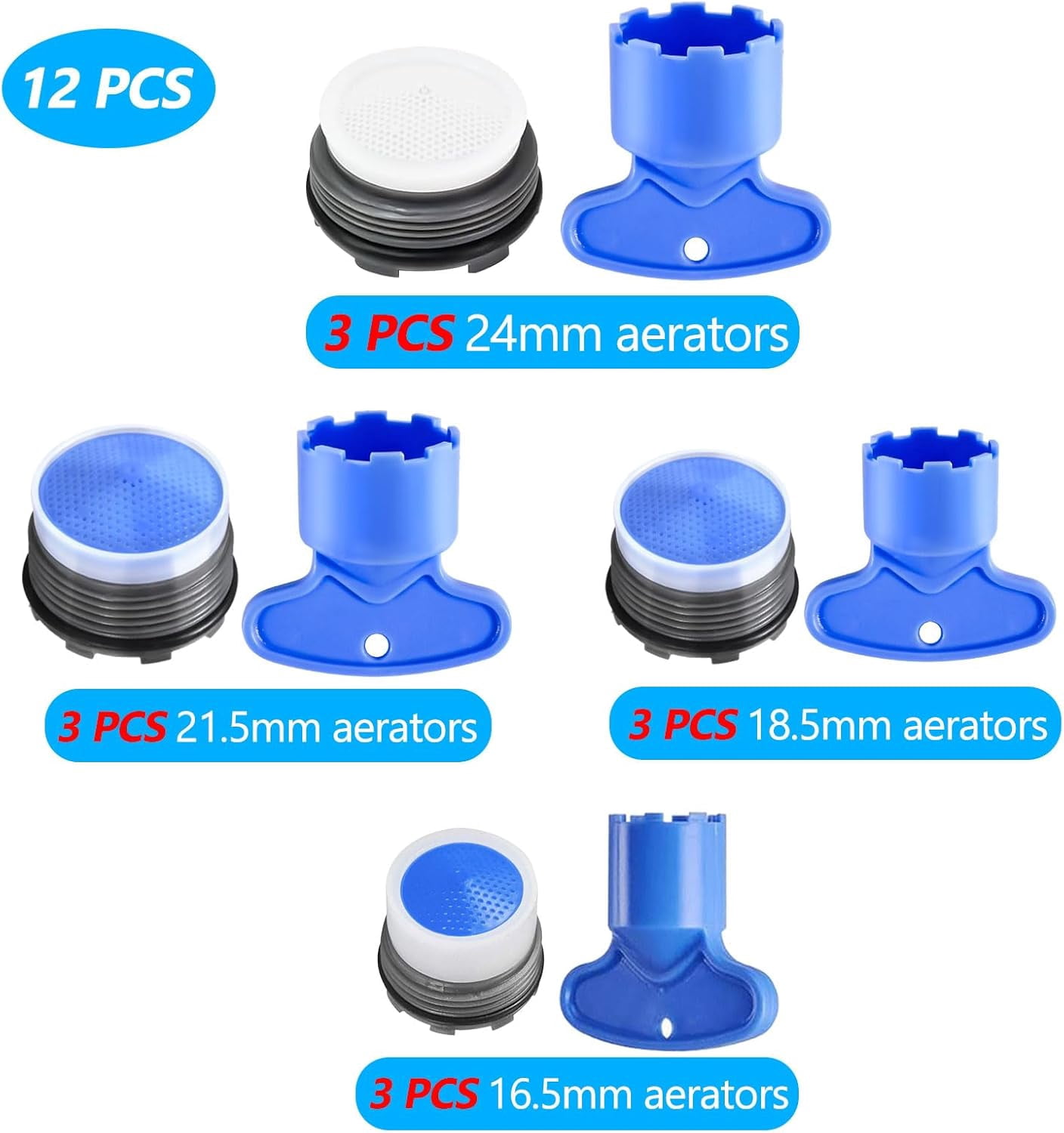 MHAWBL-12 PCS Faucet Aerator Set, M16.5, M18.5, M21.5, M24, Kitchen & Bathroom Sink Aerator Replacement with Key Removal Wrench Tool