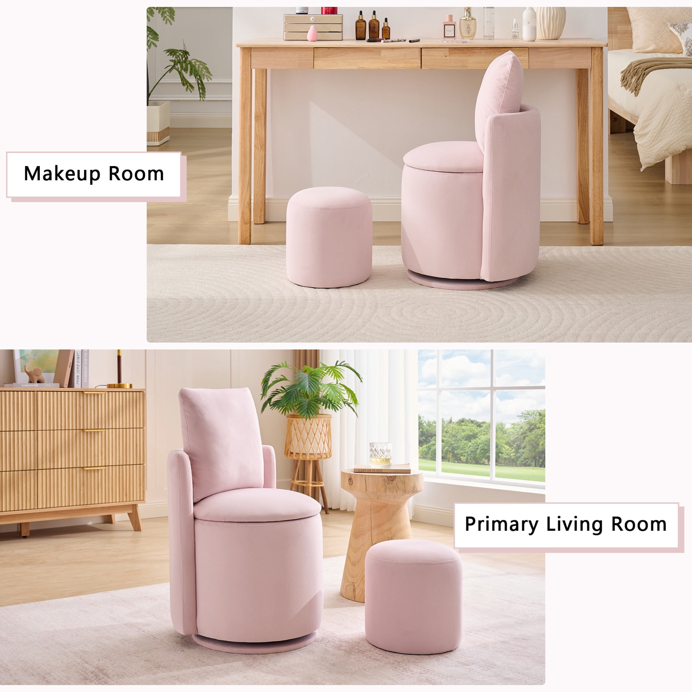 Noble House Velvet Swivel Accent Chair with Ottoman & Toss Pillow, Storage Barrel Chair, Pink