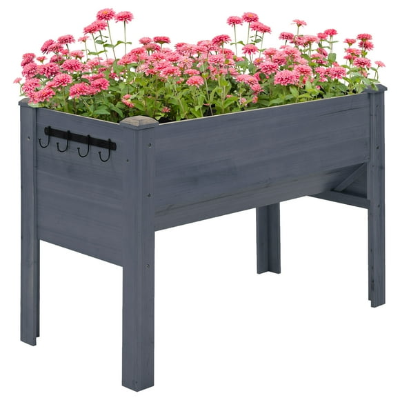 Outsunny Raised Garden Bed 48' x 24' x 32' Grey Wood Elevated Planter Box with Hooks and Water Draining Liner