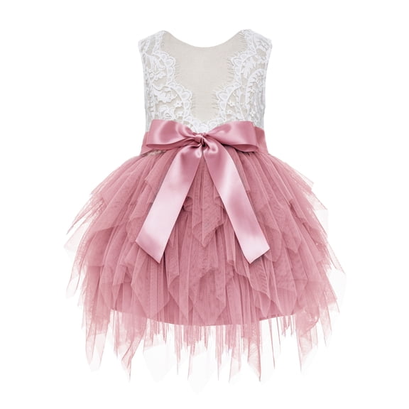 Ekidsbridal Girl Flower Girl Dress - Backless Lace Tiered Tulle Knee Length LG6-A (Size: S-8)