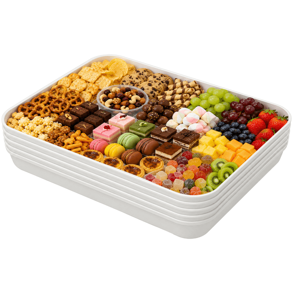 4 Pack White Serving Platters, 12.2 x 8.7 in Plastic Platters for Party Food, Reusable Platter with Raised Edges, Rectangle Tray Set for Snacks, Fruit, Sandwich, Cookies, Charcuterie and Catering