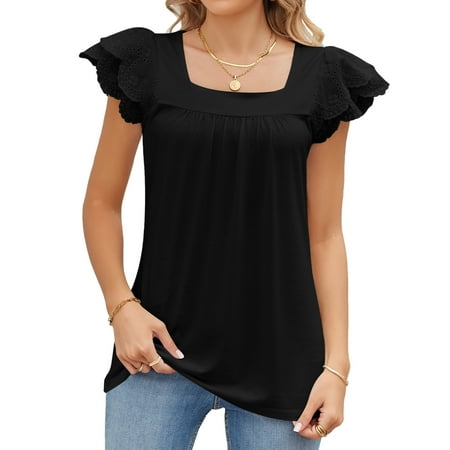 Womens Summer Tops Square Neck Lace Short Sleeve Babydoll Shirts Dressy Casual Pleated Flowy Blouses