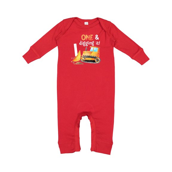 Inktastic One and Digging It Bulldozer 1st Birthday Baby Romper Coveralls
