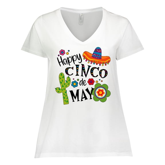 Inktastic Happy Cinco De Mayo- Sombrero, Cactus, Flowers Women's Plus Size V-Neck T-Shirt