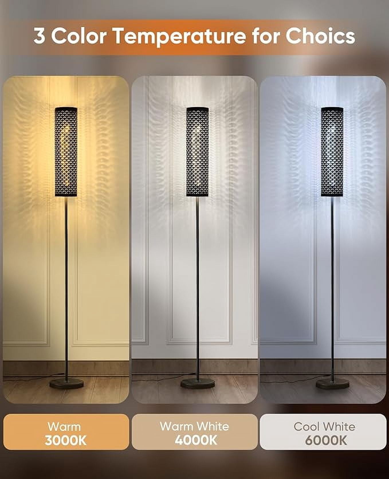 Industrial Modern Floor Lamps for Living Room, Dimmable Standing Tall Lamps Remote Control Custom Color Temperature & Brightness Lamp with Fabric Lampshade, Tall Lamps for Bedroom Office, Black