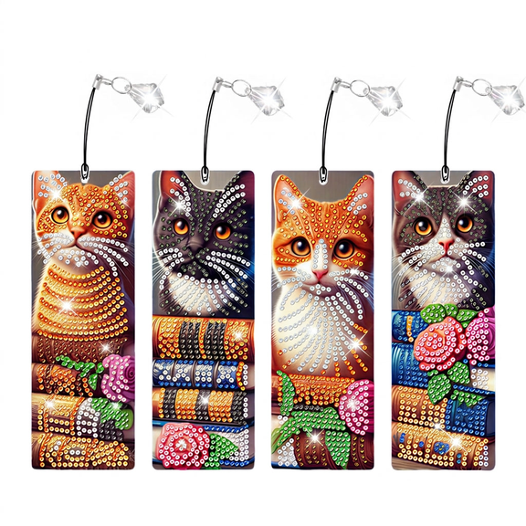 Lzvxtym 4 Pcs Diamond Painting Bookmark Kit,Diamond Art Bookmark with Pendants and Full Tools,Creative Craft Gifts for Book Lovers,Cat Pattern