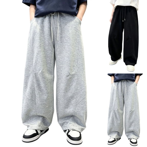 CONZONE Boys Baggy Sweatpants Casual Jogger Pants For Child Elastic Waist Solid Color Wide Leg Athletic Trousers With Pockets