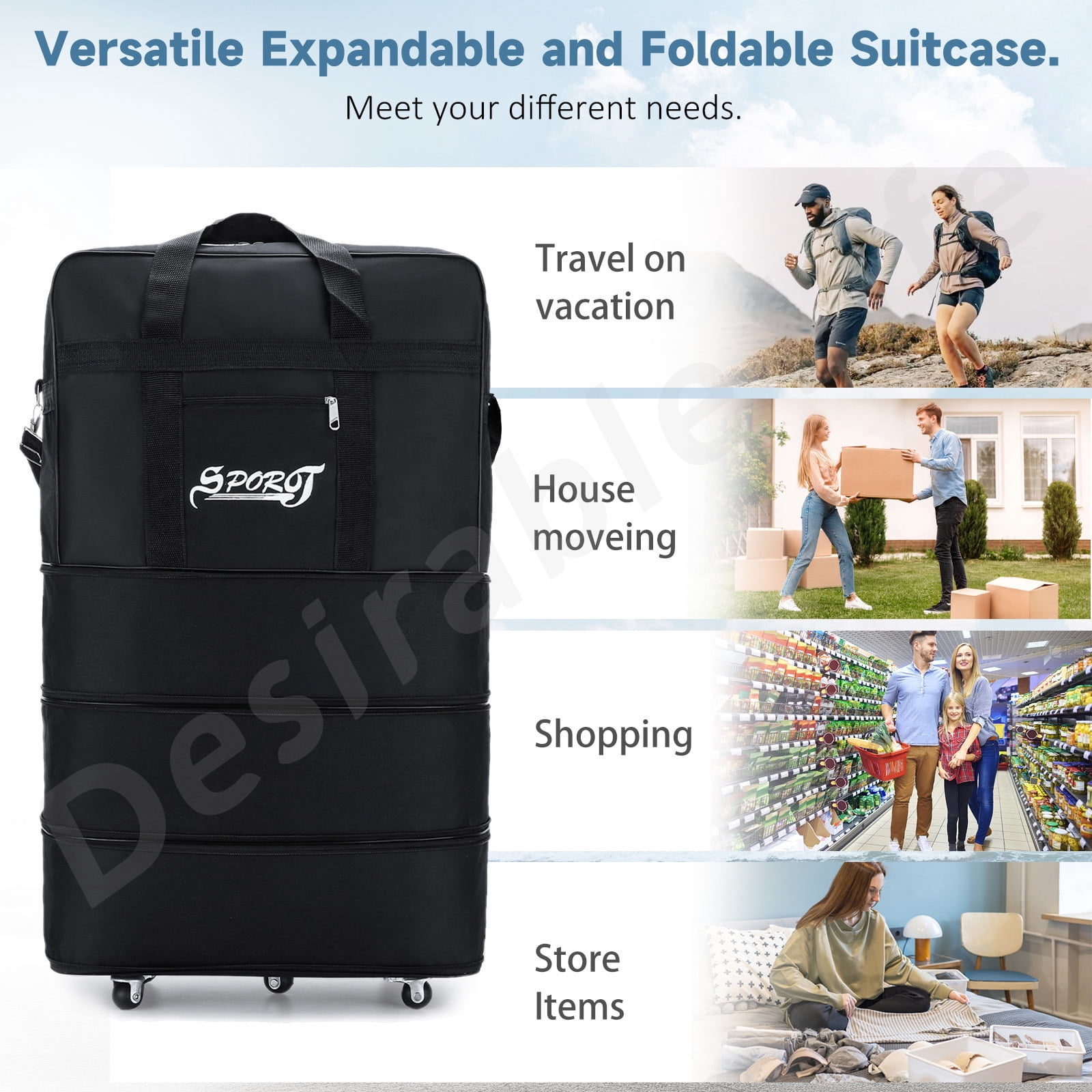 Desirable Life 32in 3 Layer Expandable Suitcase Bag Collapsible Rolling Wheeled Duffle Bag Large for Home Storage Cargo Travel Business Moving Luggage