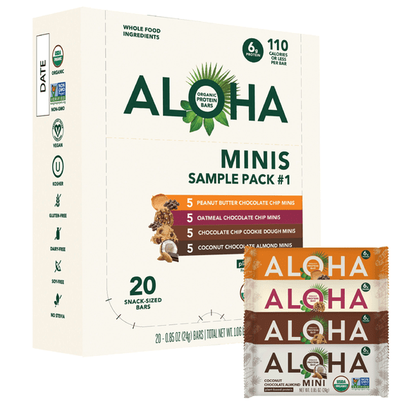 ALOHA, Plant Based Protein, Mini Bars, Minis Sample Pack (Pack of 20)