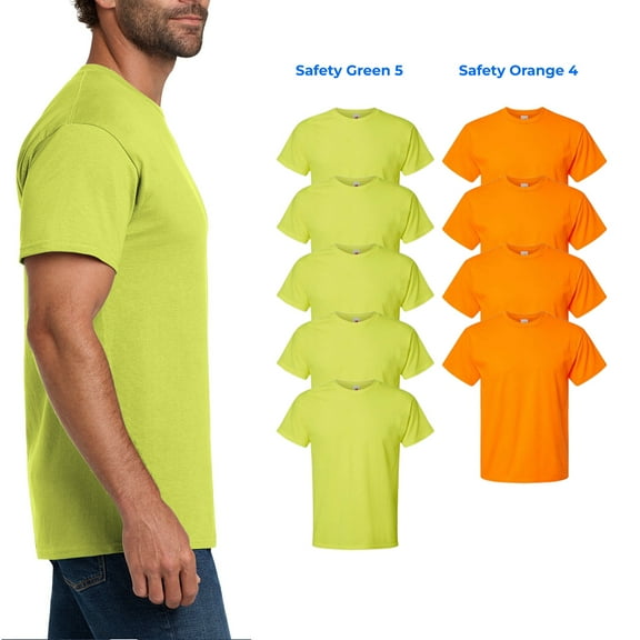 Hanes Men's Essential Safety T-Shirt, CVC 60/40 Cotton/Poly, Safety Green/Orange Tee, XL, 9-Pack