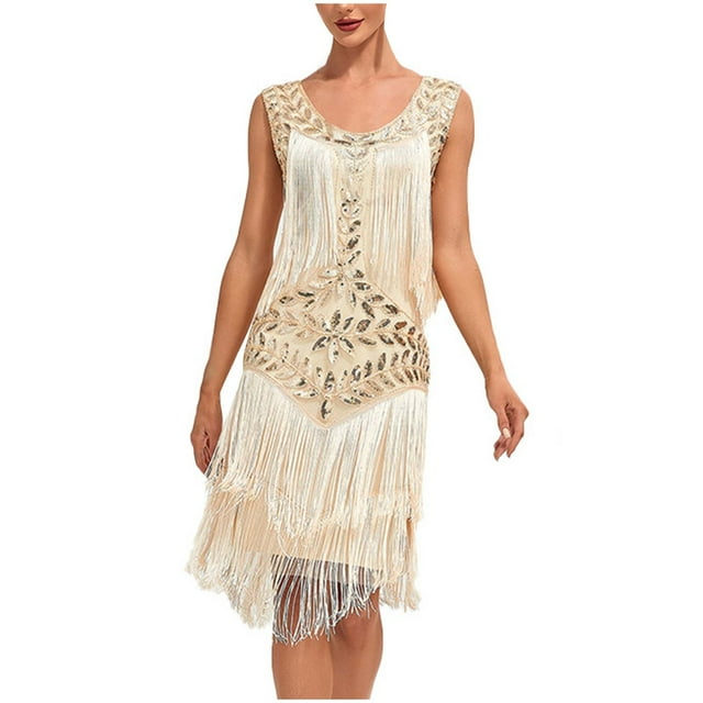 Pisexur Robe Sans Manches à Col Rond Hauteur Genou Women Robe Sans Manches à Col Rond à Paillettes avec Franges Robe de Fête Robe de Banquet Robe de Danse Robe Mini Women Robe