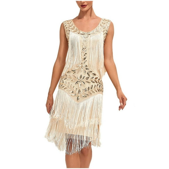 Edvintorg Women Cocktail Dress Round-Neck Sleeveless Sequin Ball Tassel Mini Dresses Party Banquet Dance Dress Vestidos On Clearance