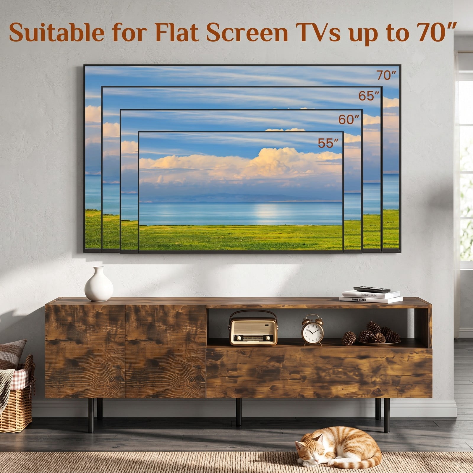 Furnibear 60 inch TV Stand for TVs up to 70 Inch with Storage Cabinet, Open Shelf and Raised Metal Legs, Rustic Farmhouse Entertainment Center Media, Rustic Brown