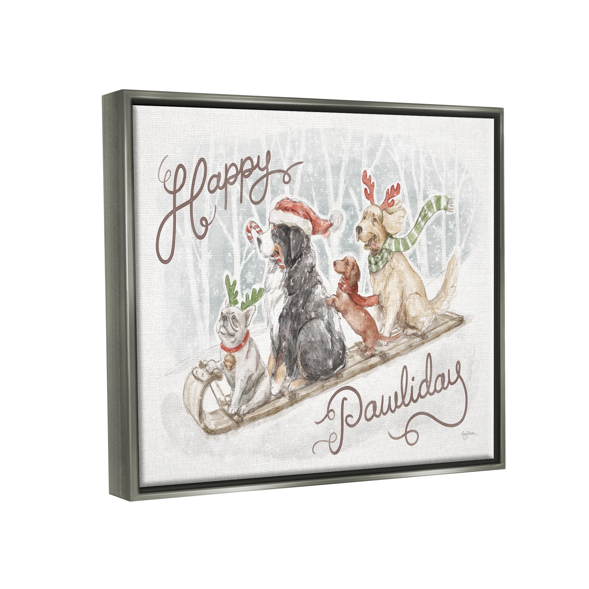 Stupell Industries Happy Pawliday Dogs Holiday Painting Gray Floater Framed Canvas Art Print Wall Art, 21 x 17