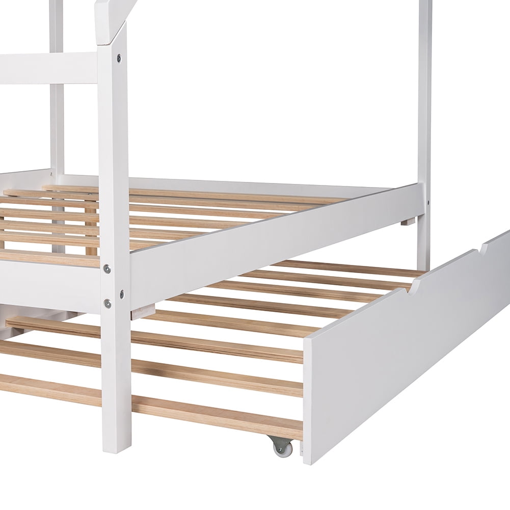 Kepooman Full-Size Wooden House Bed Frame for Kids With Twin Size Trundle, White Kepooman Full-Size Wooden House Bed Frame for Kids With Twin Size Trundle, White