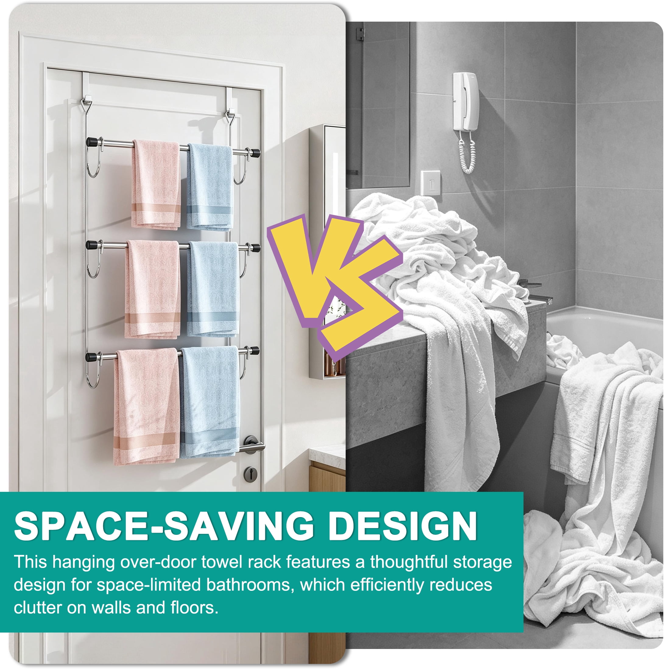 3 Tier Over The Door Towel Rack, No Drill Stainless Steel Towel Holder, Space Saving Door Hanging Towel Rack for Bathroom Storage