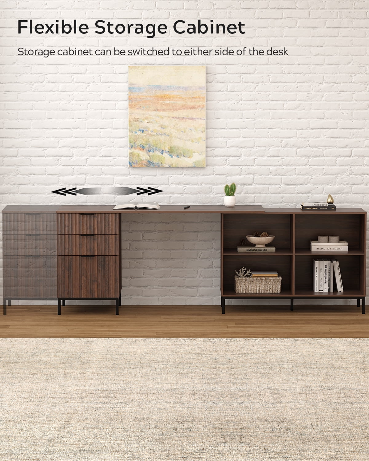 EYYTHUNG 60" Fluted Executive Desk with Storage Cabinet, Modern Home Office Desk with File Drawer, L Shaped Writing Desk Brown