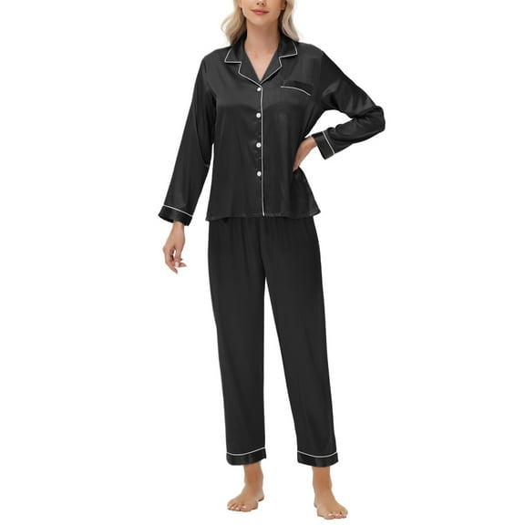 WTOBBY Women's Plus Size Ice Silk Satin Long Sleeve Long Pants Pajama Set, Soft Lightweight Loungewear for Home Relaxation and Sleep,Black L