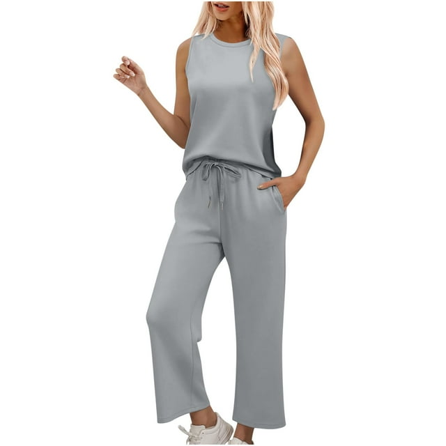 Mgmyaa Ensemble Deux Pièces pour Femmes Tenues d'Été Vacances Ensembles de Détente Tendance Col Rond Ensembles Assortis