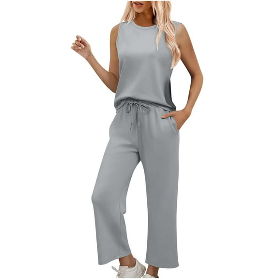AHTJRT Women's 2 Piece Sweatsuits Crewneck Sleeveless Tops with Drawstrings Wide Leg Pants Amtching Set Summer Lounge Outdoor Travel Outfits Gray L