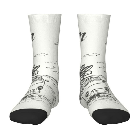 Wukai Summer Vacation Scene With Camping Van for Children's Mid-tube Socks, Elastic Contrast Color Sports Socks, Suitable for Boys and Girls Aged 6-10