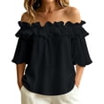 thumbnail image 2 of Uootdi Beach Tops for Women Off The Shoulder Ruffle Trim 3/4 Flare Sleeve Plain Soft Woven Loose Fit Coastal Holiday Cute Summer Tops for Women, 2 of 5