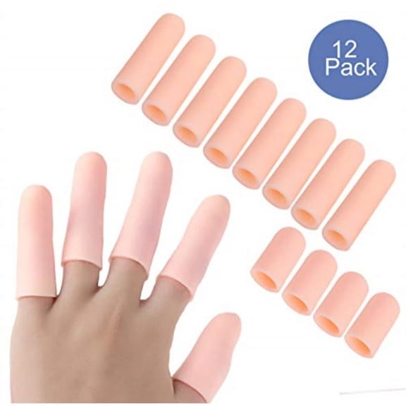 jkcare 12 pack gel finger caps, silicone finger protectors sleeves - covers to protect fingertips and provide pain relief from finger cracking, hand eczema (finger cots)