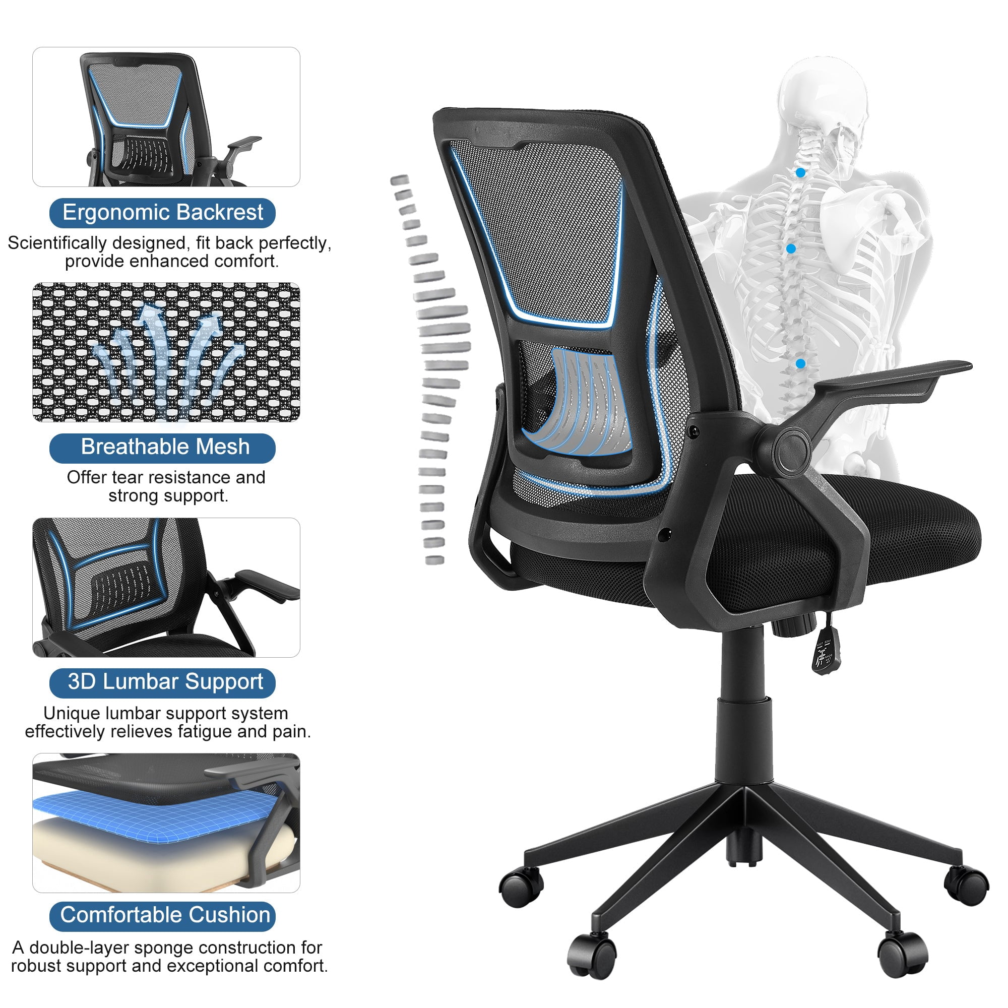 Javlergo Office Chair, Ergonomic Desk Chair Breathable Mesh Chair with Adjustable High Back Lumbar Support Flip-up Armrests, Executive Rolling Swivel Comfy Task Computer Chair, Black