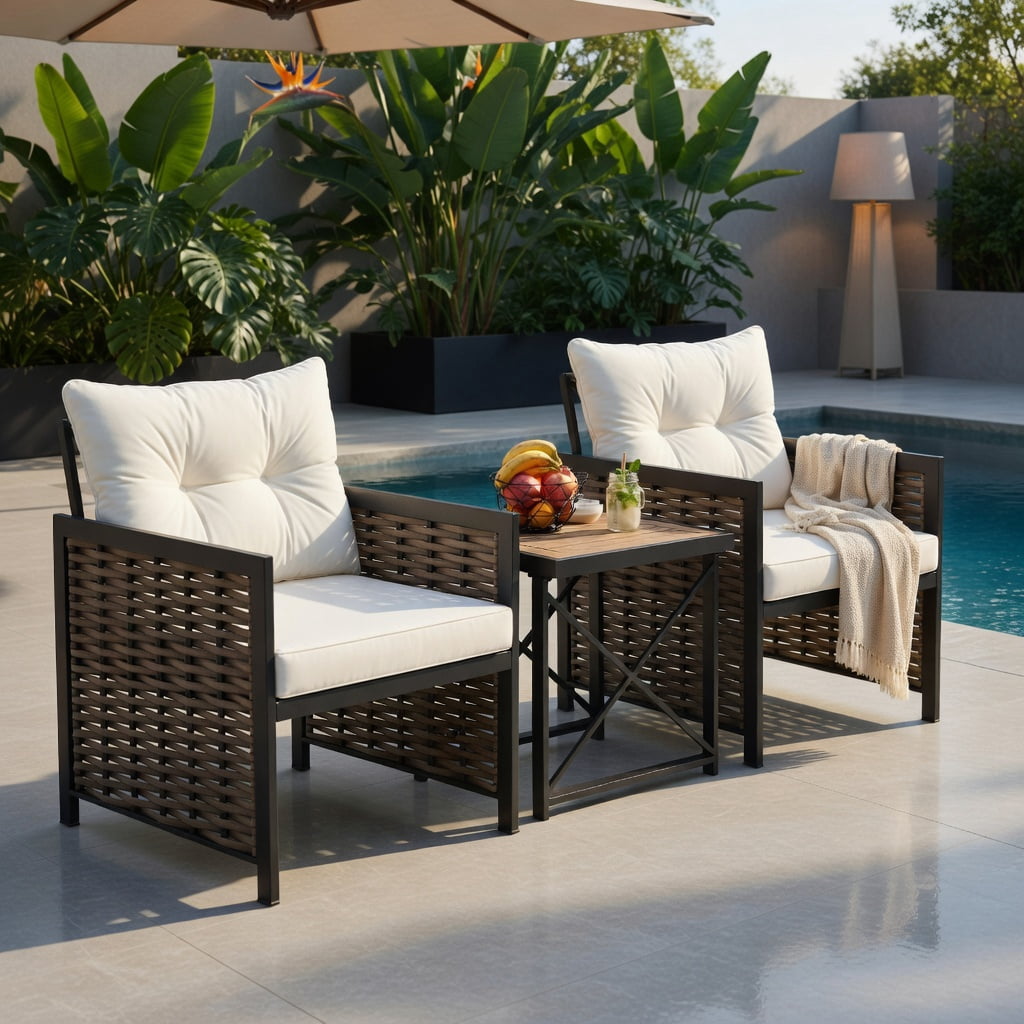 Hommoo 3-Piece Outdoor Rattan Patio Furniture Set, 2 Armchairs + Coffee Table with Acacia Wood Top, Brown PE Rattan & Black Metal Frame, White