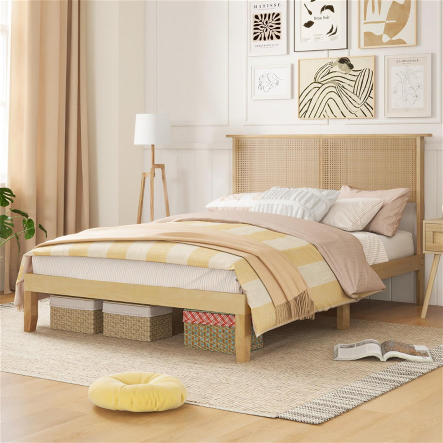 Demi Bonn Full Size Bed Frame with Rattan Headboard, Platform Bed Frame with 12 Strong Wood Slat Support, No Box Spring Needed, Beige