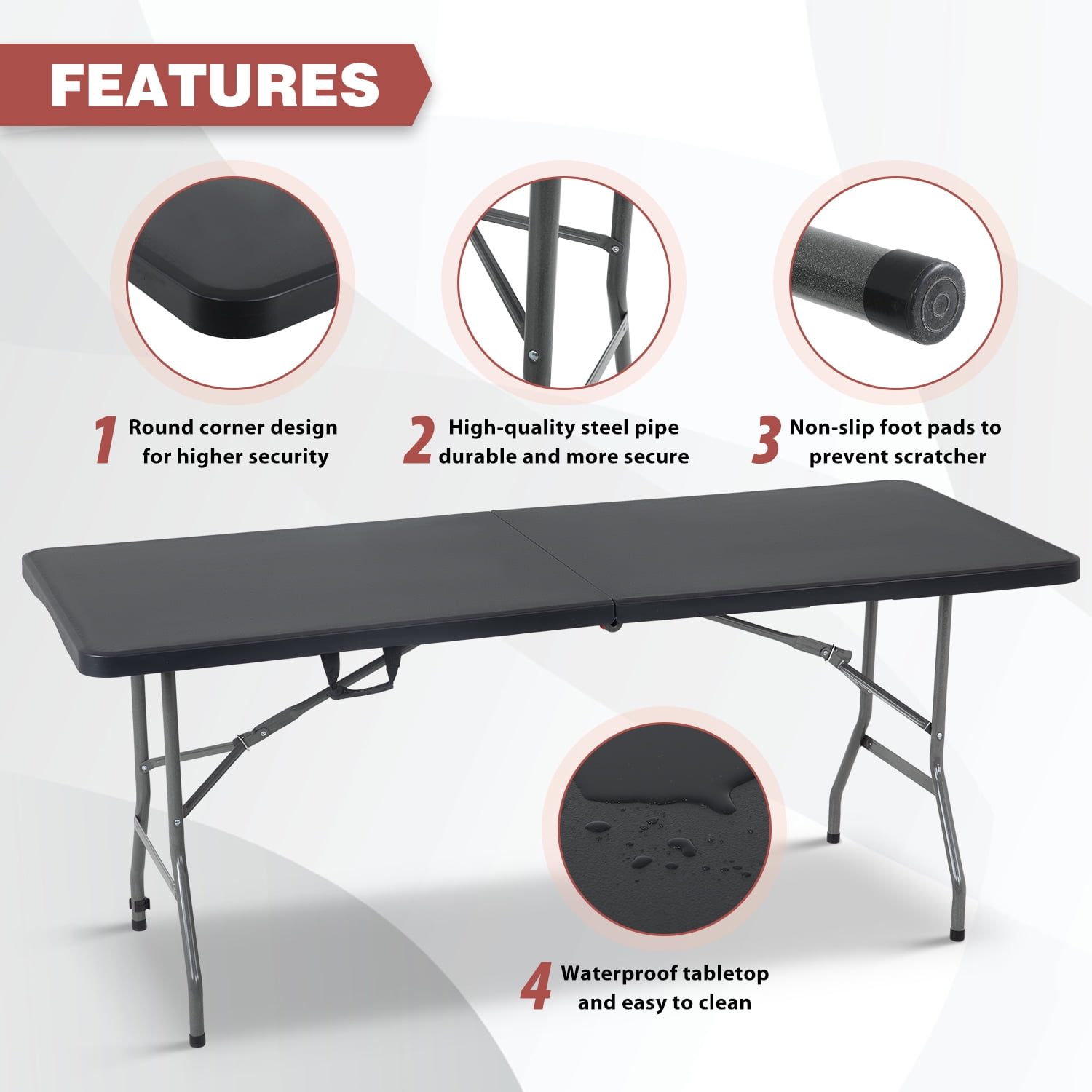 NiamVelo 6ft Folding Table Portable Plastic Indoor Outdoor Camping Dining Table with Carrying Handle, Black