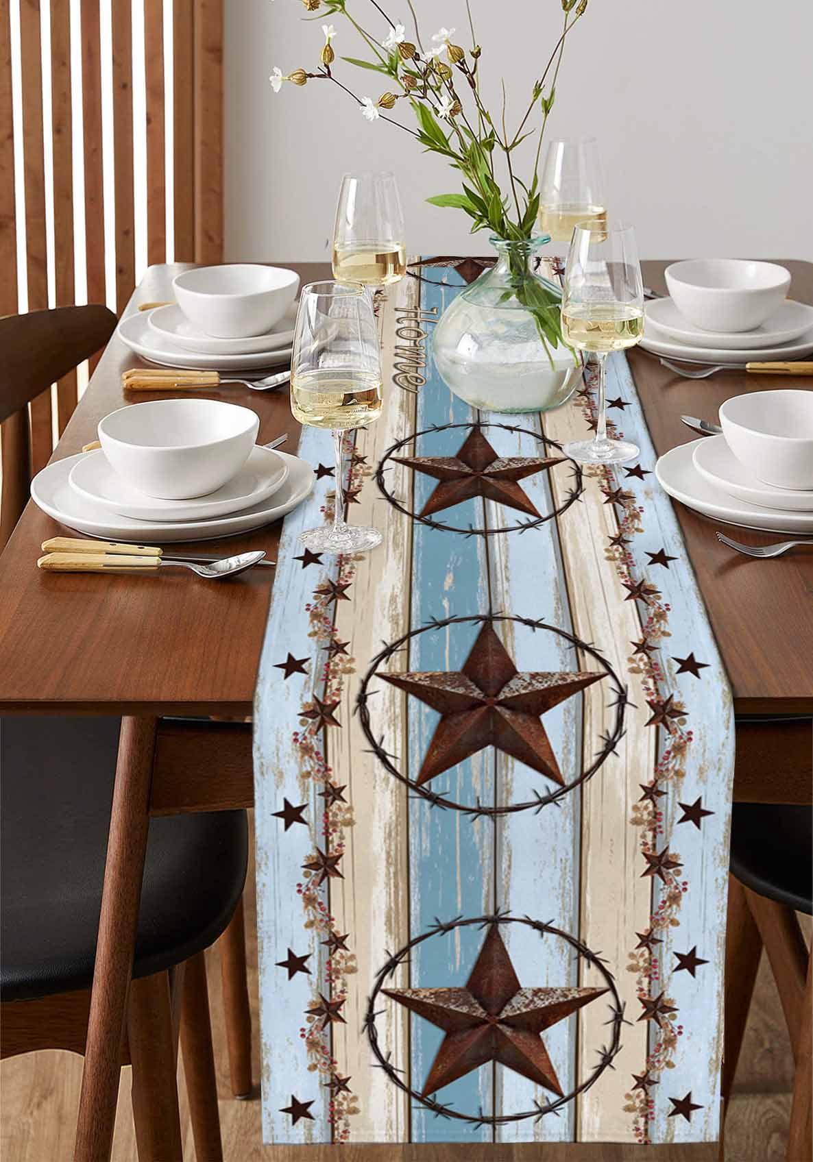 Country Star Blue Table Runner 70 Inches, Farmhouse Western Texas Star Barn Bed Runner Dresser Scarves Tabletop for Indoor Outdoor Parties/Ceremony/Banquet, 13" x 70"