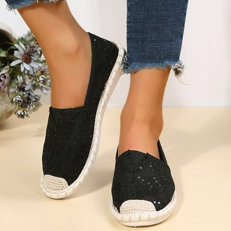 

uikmnh Women Shoes Fashion Mesh Breathable Lace Sequin Soft Sole Shallow Flat Casual Shoes Black 8