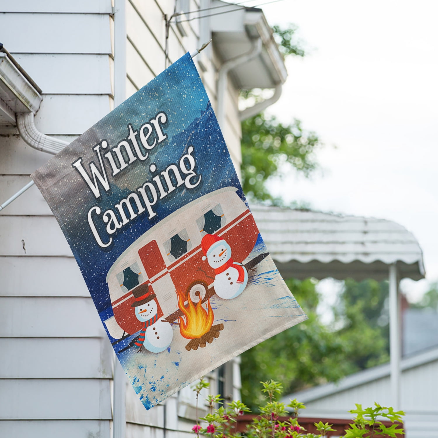 America Forever Winter Camping House Flag 28 x 40 Inch Double Sided Snowman Bonfire Trailer RV Winter Christmas Camping Flags for Campers Seasonal Yard Outdoor Decorative Flag