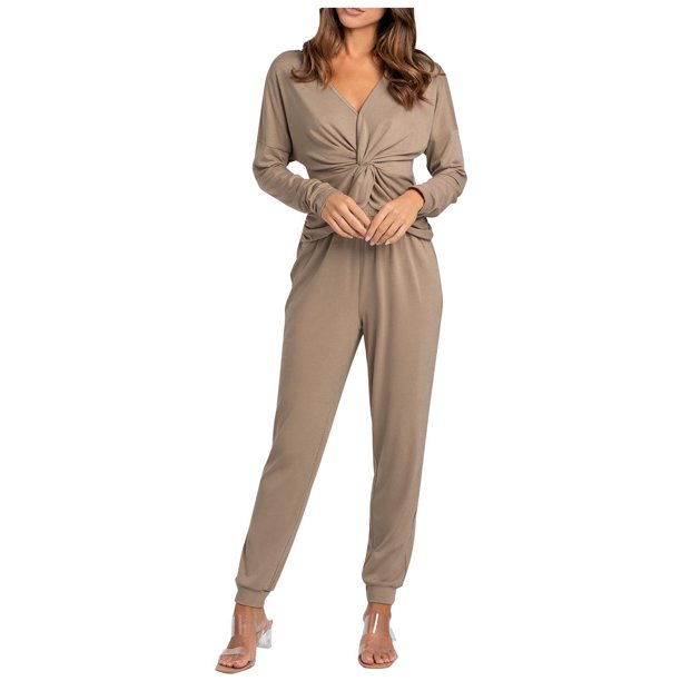 Mujeres Casual Verano Cuello en V Manga larga Tops y pantalones largos Conjunto de dos piezas Traje Wmkox8yi bvn3042