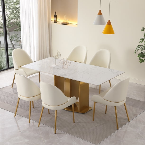 71" Leavader White Sintered Stone Dining Table with U shape Gold ...